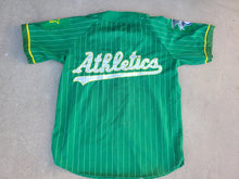 Load image into Gallery viewer, Vintage Mens Starter Oakland Athletics Pinstripe Jersey Size Large-Green