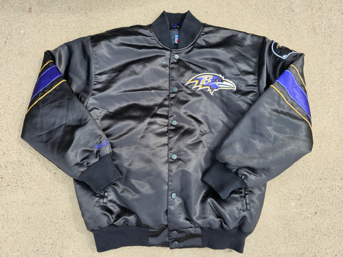 Mens NFL Baltimore Ravens Button Up Satin Jacket Size Large-Black