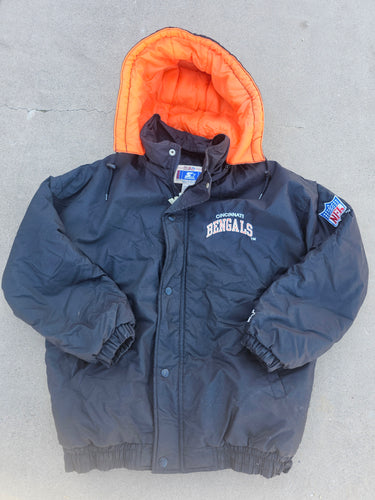 Vintage Mens Starter Cincinnati Bengals Button/Zip Up Hooded Jacket Size Medium-Black
