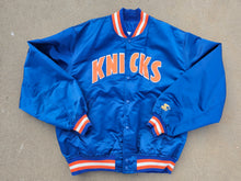 Load image into Gallery viewer, Rare Vintage Mens Starter New York Knicks 50th Anniversary Gold Logo Satin Button Up Jacket Size XL-Blue
