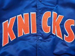 Rare Vintage Mens Starter New York Knicks 50th Anniversary Gold Logo Satin Button Up Jacket Size XL-Blue