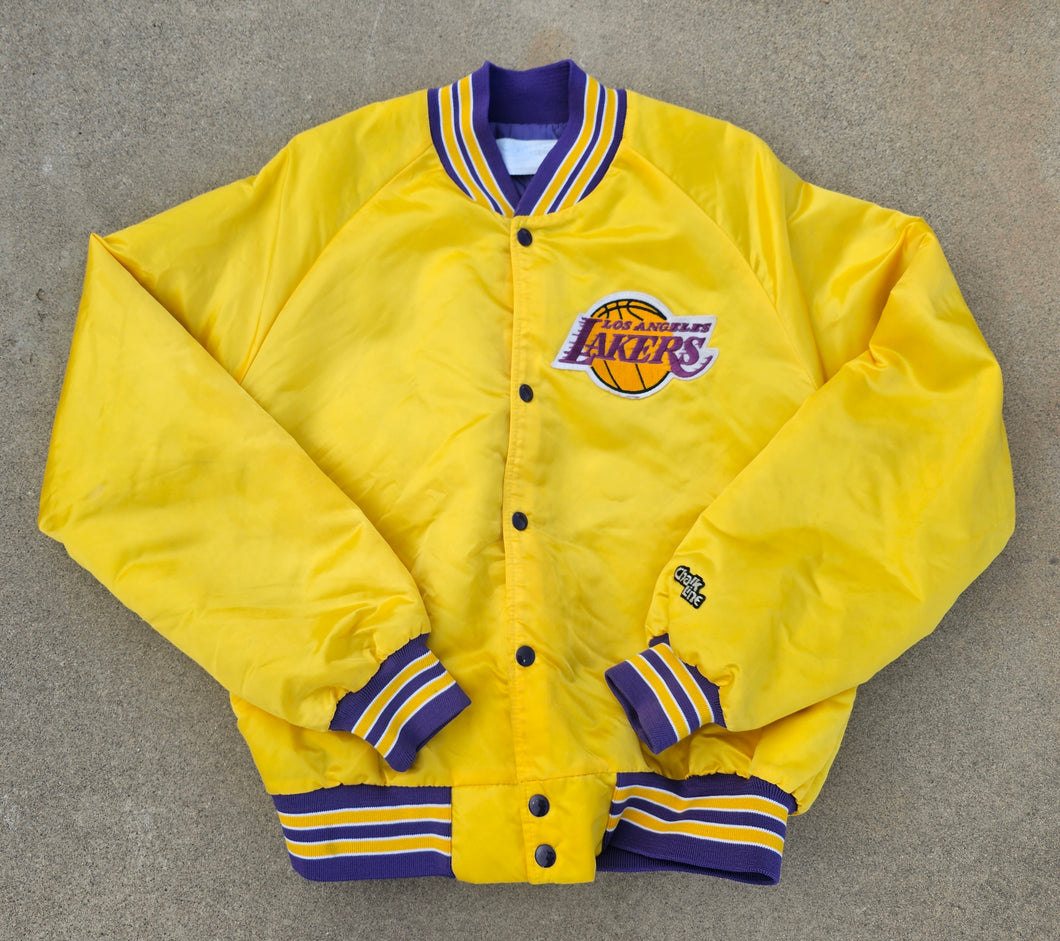 Rare Vintage Mens Chalk Line Los Angeles Lakers Spellout Satin Button Up Jacket Size Medium-Gold