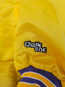 Rare Vintage Mens Chalk Line Los Angeles Lakers Spellout Satin Button Up Jacket Size Medium-Gold