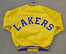 Load image into Gallery viewer, Rare Vintage Mens Chalk Line Los Angeles Lakers Spellout Satin Button Up Jacket Size Medium-Gold