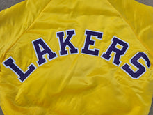 Load image into Gallery viewer, Rare Vintage Mens Chalk Line Los Angeles Lakers Spellout Satin Button Up Jacket Size Medium-Gold