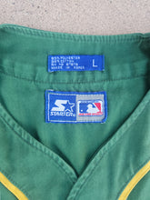 Load image into Gallery viewer, Vintage Mens Starter Oakland Athletics Pinstripe Button Up Jersey Size Large-Green