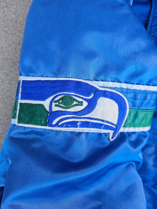 Vintage Mens Starter Seattle Seahawks Satin Button Up Jacket Size Large-Blue