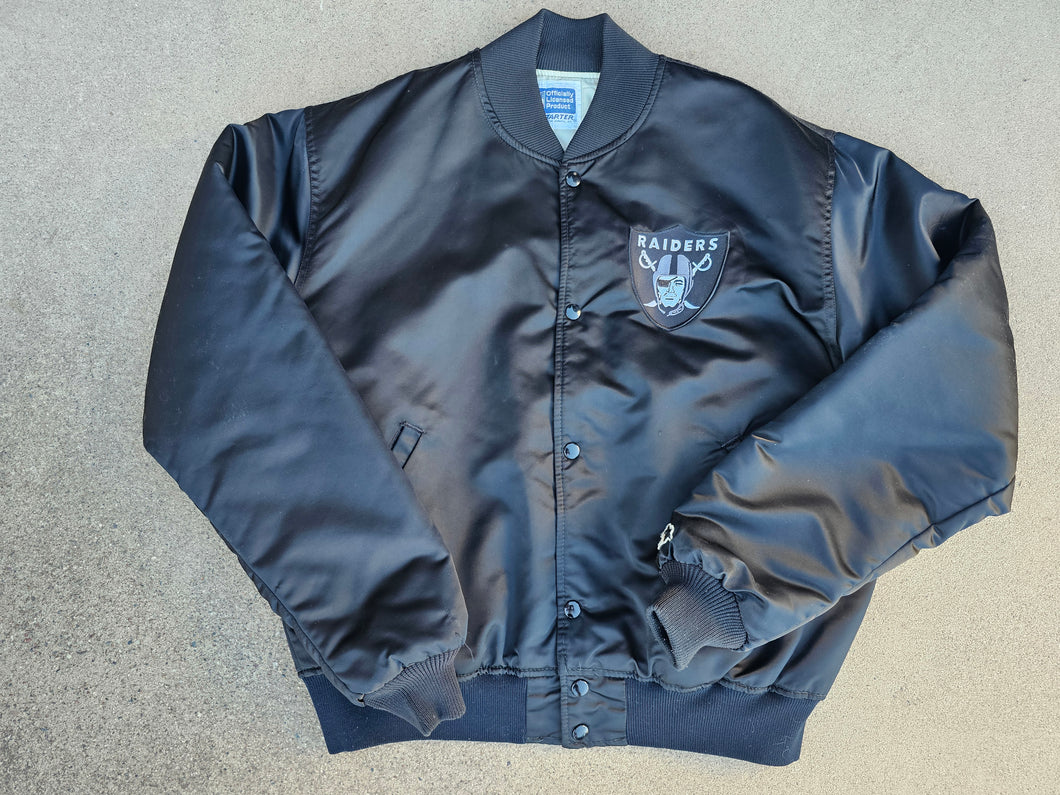Vintage Mens Starter Las Vegas/Oakland/Los Angeles Raiders Satin Button Up Jacket Size Large-Black