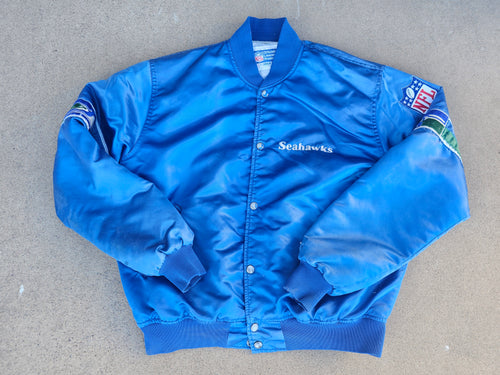 Vintage Mens Starter Seattle Seahawks Satin Button Up Jacket Size Large-Blue