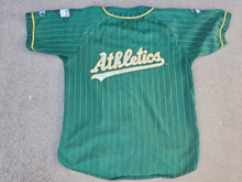 Load image into Gallery viewer, Vintage Mens Starter Oakland Athletics Pinstripe Button Up Jersey Size Large-Green