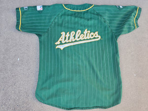 Vintage Mens Starter Oakland Athletics Pinstripe Button Up Jersey Size Large-Green