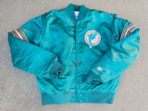 Vintage Mens Starter Miami Dolphins Satin Button Up Jacket Size Medium-Aqua