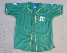 Load image into Gallery viewer, Vintage Mens Starter Oakland Athletics Pinstripe Button Up Jersey Size Large-Green