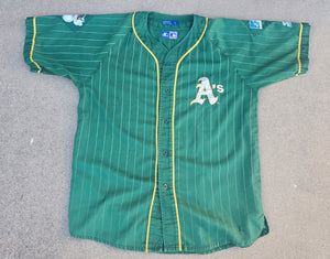 Vintage Mens Starter Oakland Athletics Pinstripe Button Up Jersey Size Large-Green