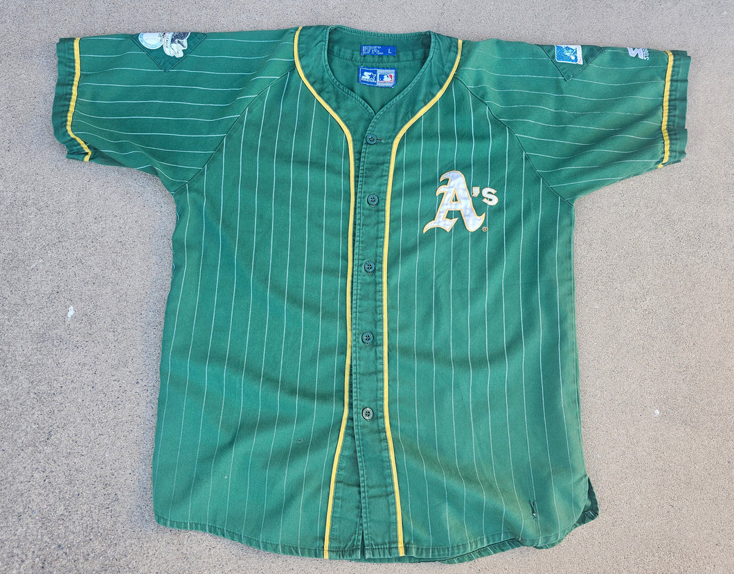 Vintage Mens Starter Oakland Athletics Pinstripe Button Up Jersey Size Large-Green
