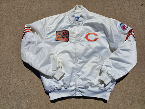 Vintage Mens Starter Chicago Bears Satin Button Up Jacket Size Large-White