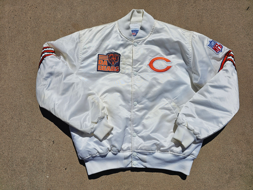Vintage Mens Starter Chicago Bears Satin Button Up Jacket Size Large-White