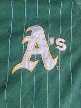 Load image into Gallery viewer, Vintage Mens Starter Oakland Athletics Pinstripe Button Up Jersey Size Large-Green