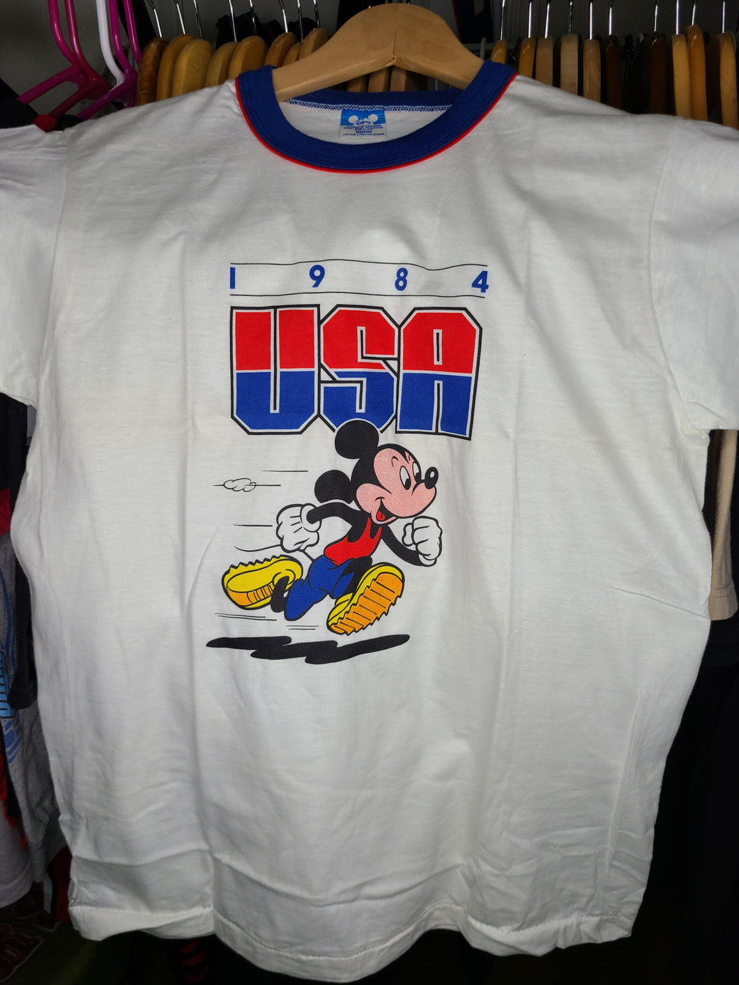 Vintage Mens Disney Mickey Mouse 1984 USA Olympic Tshirt Size Medium-White