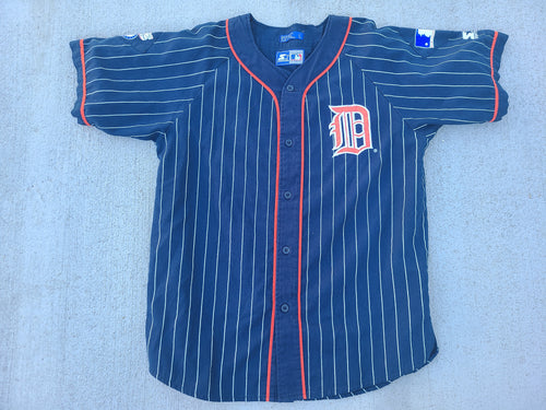Vintage Mens Starter Detroit Tigers Pinstripe Button Up Jersey Size Large-Navy Blue