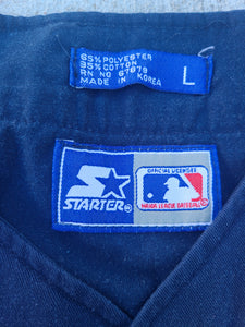 Vintage Mens Starter Detroit Tigers Pinstripe Button Up Jersey Size Large-Navy Blue