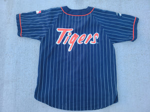 Vintage Mens Starter Detroit Tigers Pinstripe Button Up Jersey Size Large-Navy Blue