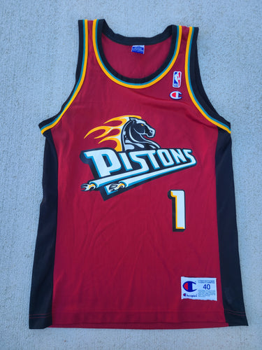 Vintage Mens Champion Detroit Pistons #1 Jersey Size 40-Burgundy