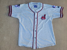 Load image into Gallery viewer, Vintage Mens Starter Cleveland Indians Pinstripe Button Up Jersey Size Large-Grey