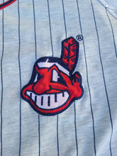 Load image into Gallery viewer, Vintage Mens Starter Cleveland Indians Pinstripe Button Up Jersey Size Large-Grey