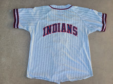 Load image into Gallery viewer, Vintage Mens Starter Cleveland Indians Pinstripe Button Up Jersey Size Large-Grey